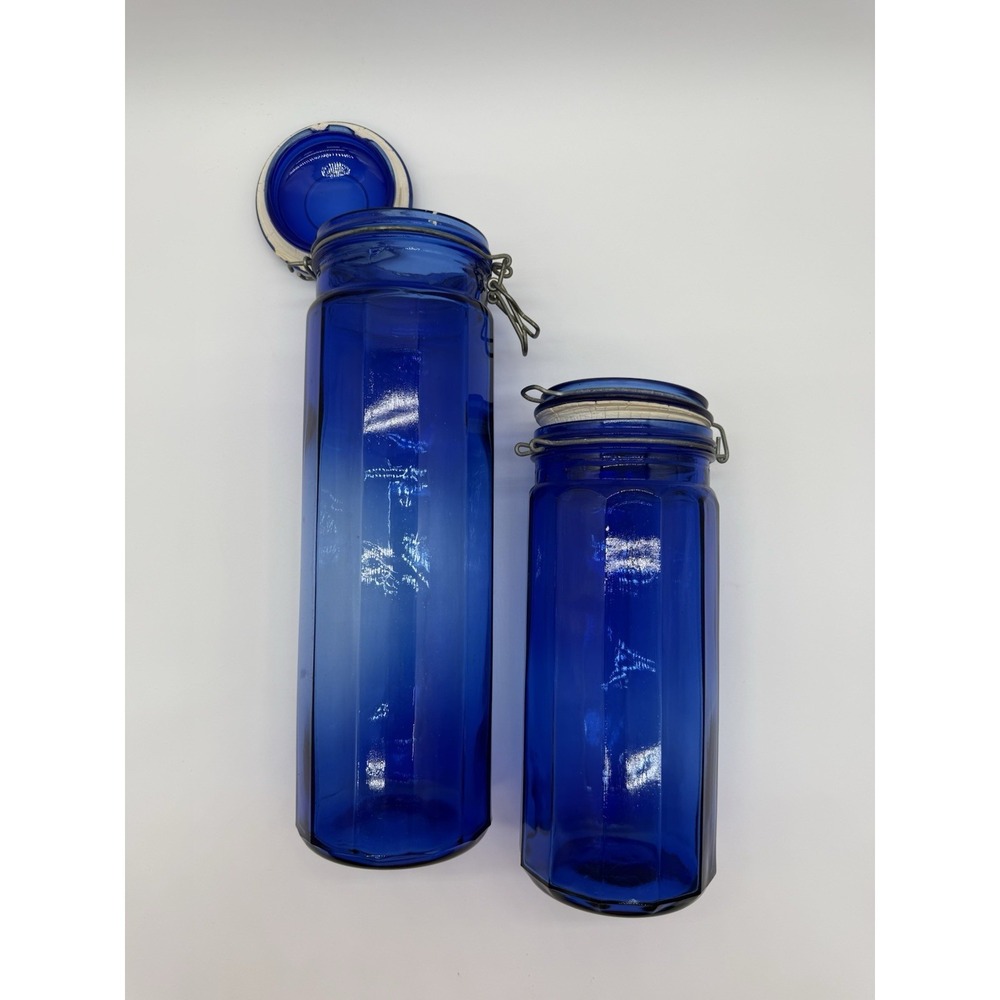 VTG Set Of 13" & 10" Cobalt Blue Glass 12-Panel Wire Bail Clamp Canisters w/Lids - Picture 8 of 9